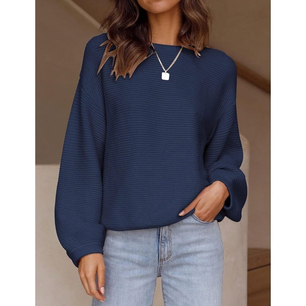 Women's Pullover Sweater Tops Navy Crew Neck Long Sleeve Casual Loose Knit - Picture 3 of 9